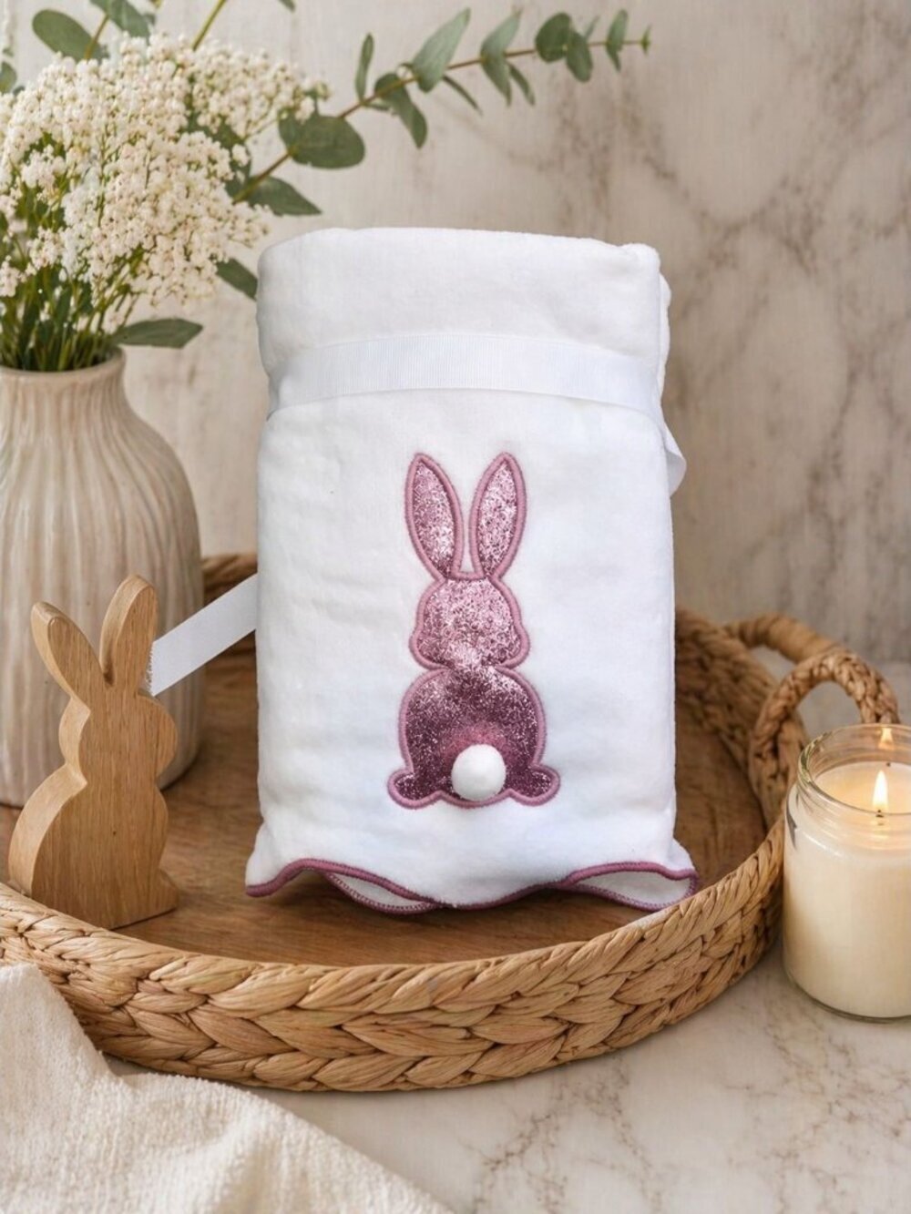Set Of 2 White Easter Bunny Pink Glitter Bunny Tail Bathroom Hand Towels